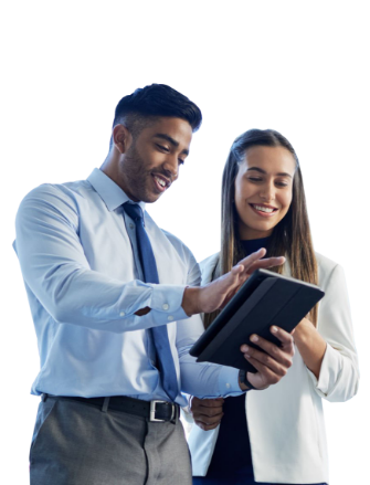 Two people interacting with a tablet